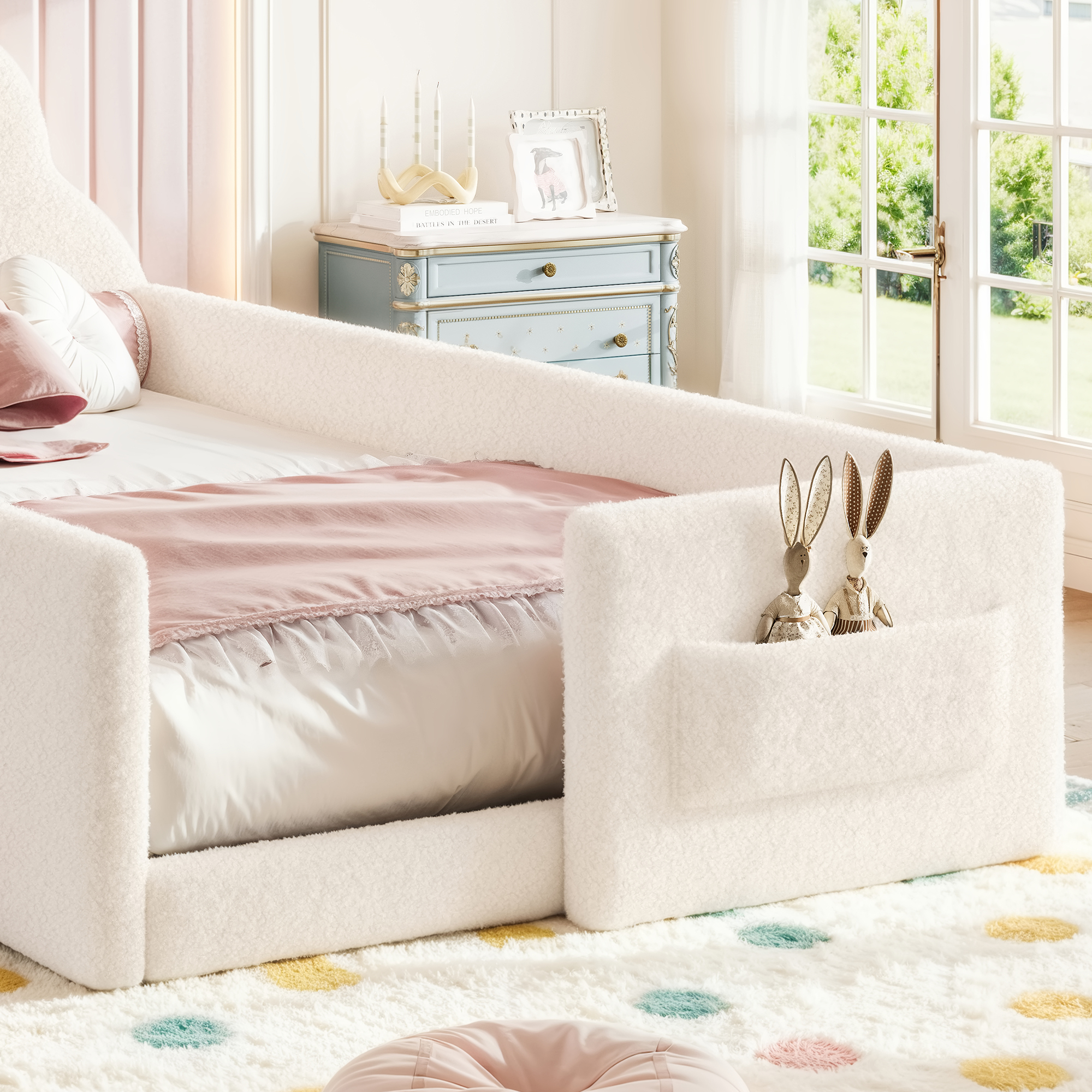 HOQBN Twin Size Upholstered Floor Bed Frame, Soft Padded Upholstered Kids Bed, Safe Children Bed Frame with Side Storage Pocket for Bedroom Beige