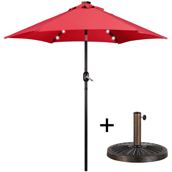 Renwick 7.5Ft Patio Market Umbrella with 18 LED Lights and Base Stand, Red