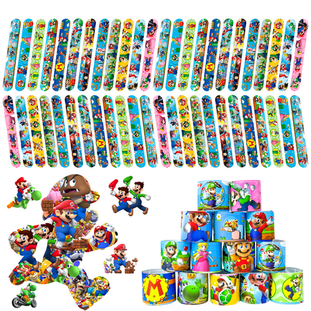 Super Mario Slap Bracelets, 40pcs Super Mario Bracelets and 50pcs Super Mario Stickers for Kids Boys & Girls - Mario Themed Party Favors for Mario Birthday Party Supplies