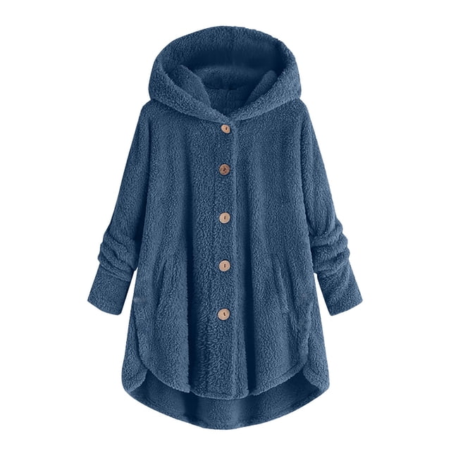 Women Autumn And Winter Casual Solid Color Side Slit Hooded Fleece Button Cardigan Jacket With Pockets Home Wear Jacket