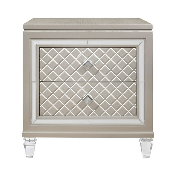 Champagne Toned Nightstand with Tapered Acrylic Legs and 2 Drawers