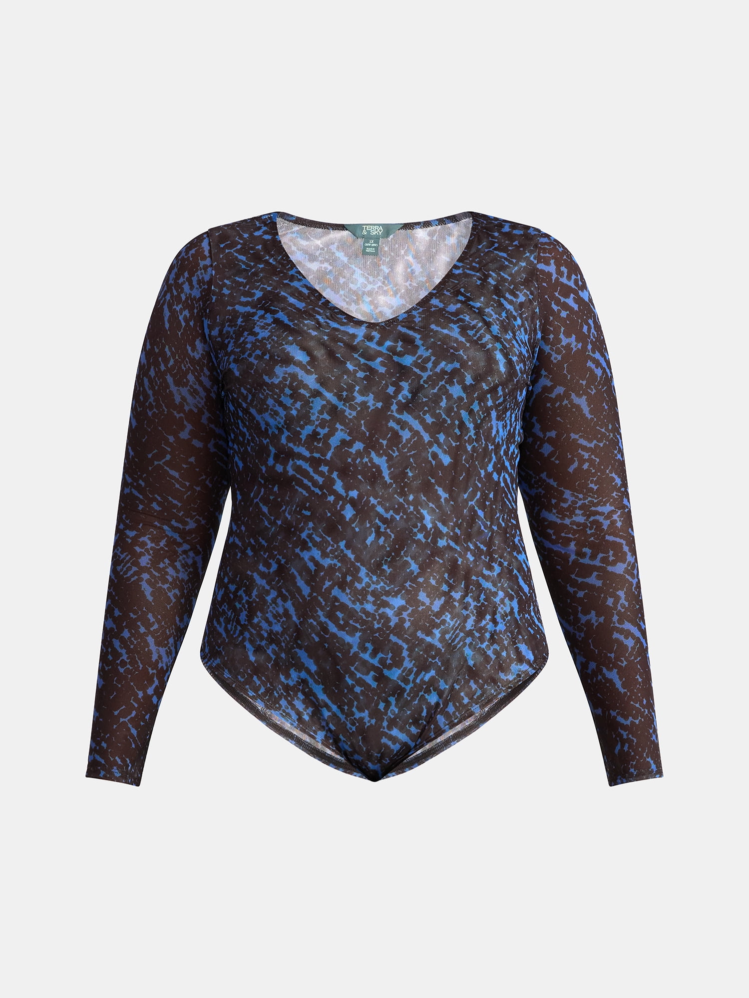 Terra & Sky Women's Plus V Neck Mesh Bodysuit with Long Sleeves, Sizes 0X-5X