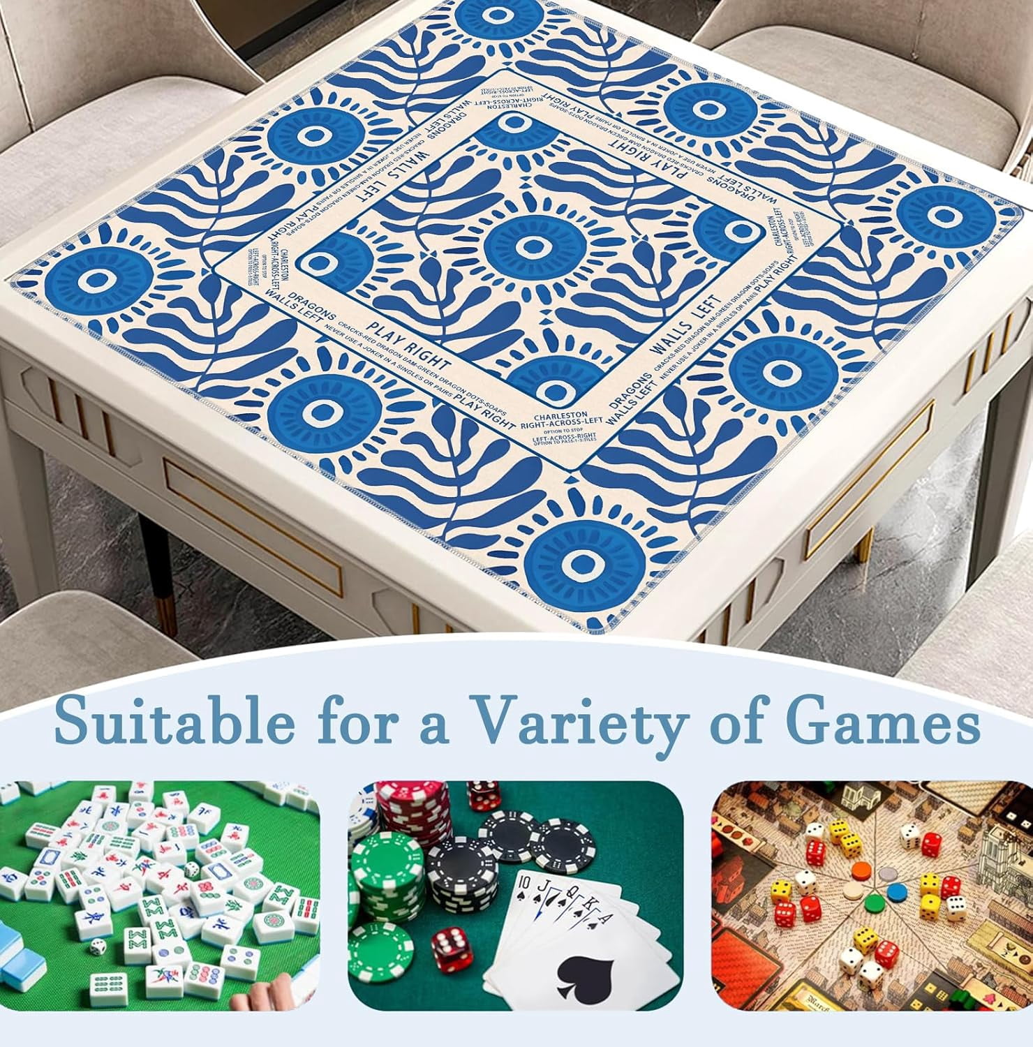 Boho Blue Mahjong Mat 31.5x31.5 Inch, Mediterranean Tiles Non-Slip and Noise Reduction Mah Jong Table Mat Cover Gifts for Mahjong Lovers Poker Board Games Dominoes