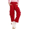 thumbnail image 4 of Yeahdor Kids Girls Casual Cargo Pants Solid Color Joggers Sweatpants with Four Pockets Hip Hop Dance Trousers Red 11-12, 4 of 7
