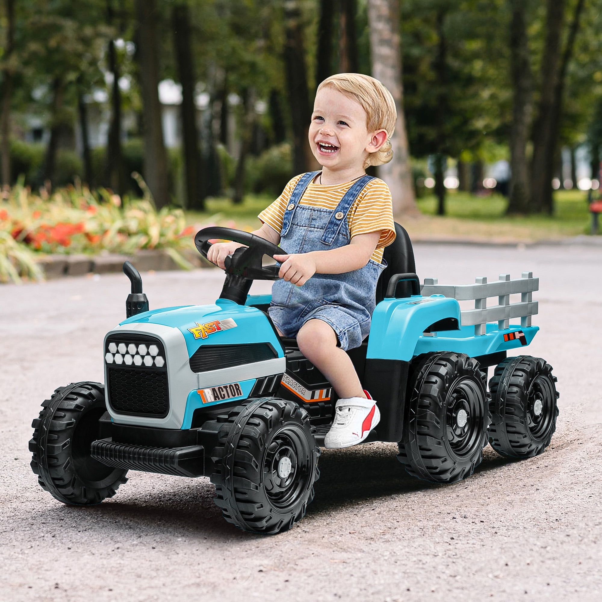 CIPACHO 12v Battery-Powered Kids Toy Tractor with Trailer and 3-Gear-Shift Ground Loader Ride On with USB&Bluetooth Audio Functions, Blue CIPACHO 12v Battery-Powered Kids Toy Tractor with Trailer and 3-Gear-Shift Ground Loader Ride On with USB&Bluetooth Audio Functions, Blue