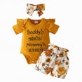 thumbnail image 4 of Kaprioy Girls Summer Clothes Baby Girl Clothes Daddys Girl Short Sleeve Romper Floral Shorts Headband Summer Outfits Ruffle Ribbed Letter Print Tops Shorts Set, 4 of 5