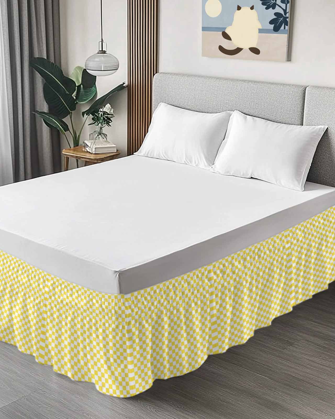 Yellow White Plaid Wrap Around Bed Skirts for Queen Bed 18" Drop,Bed Skirt with Adjustable Elastic Belt Dust Ruffle Bed Valance for Bedroom Hotel Modern Retro Geometric Checkered Bed Frame Cover