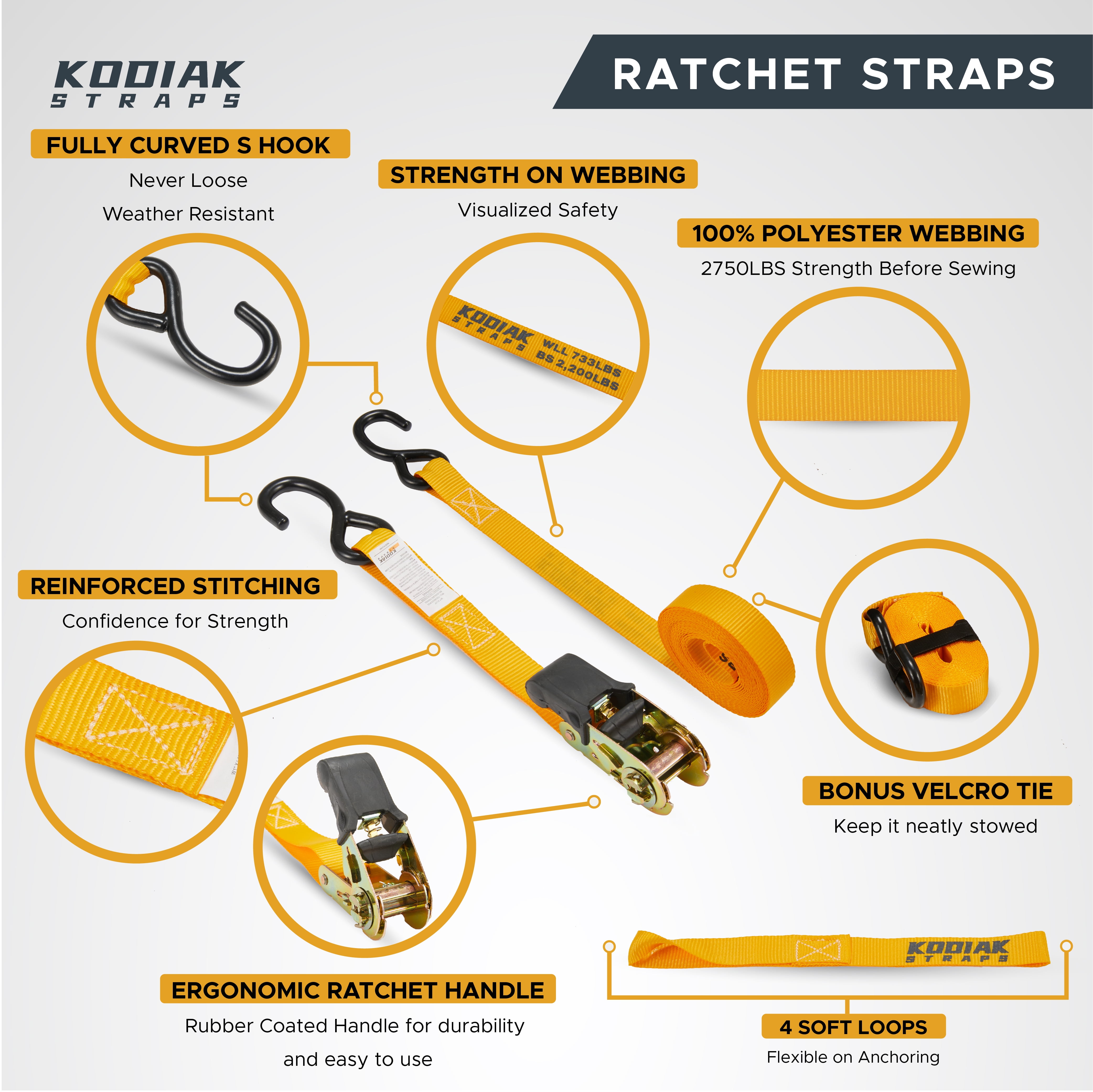 KODIAK STRAPS Ratchet Straps Heavy Duty Tie Down Strap Set 2200 Break Strength – 1" x 17' 4pk with Soft Loops Cargo Truck Bed Tie Downs – Coated Deep S-Hook & Carry Bag for Moving, Securing Cargo…