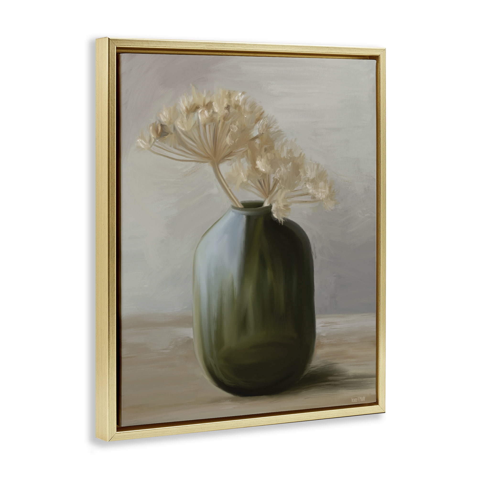 Stupell Industries Dried Blooms in Green Vase Gold Framed Floater Canvas Wall Art, design by House Fenway