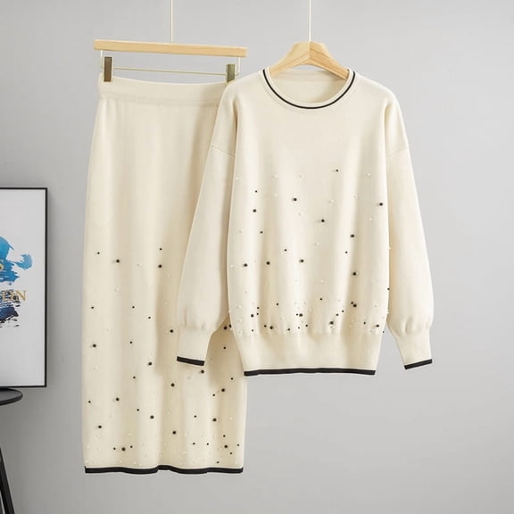Winter Knit Set With Beaded Design Women'S Elegant Skirt And Sweater Two-Piece Outfit Fashionable Fall Winter Clothing