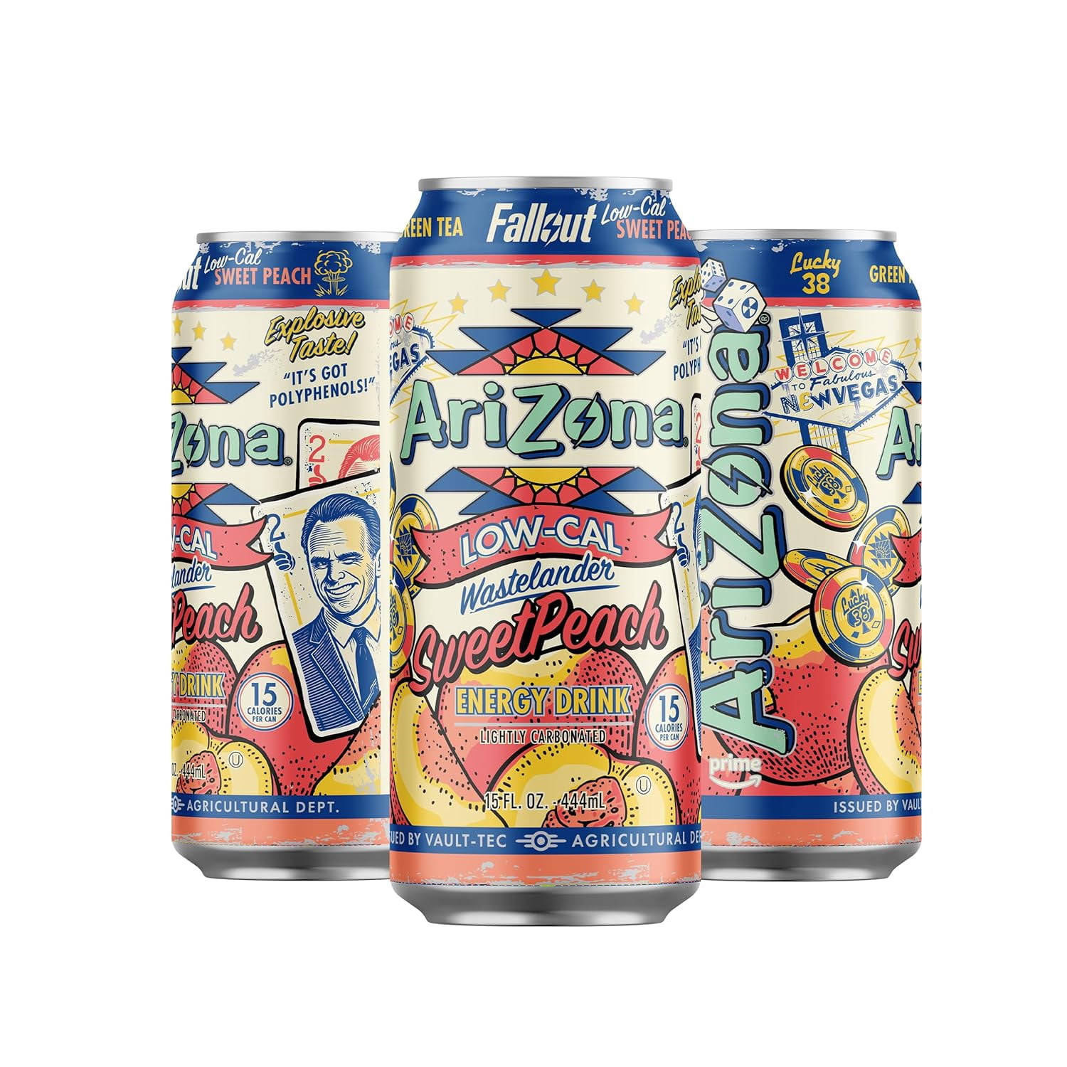 AriZona x Fallout Sweet Peach Green Tea Energy Drink Low Calorie, 15 fl oz, 12 Pack, 190mg Caffeine