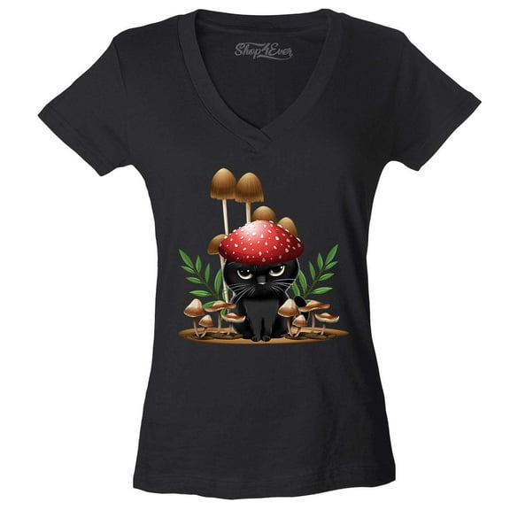 Shop4Ever Women's Mushroom Cat Cottagecore Slim Fit V-Neck T-Shirt X-Small Black