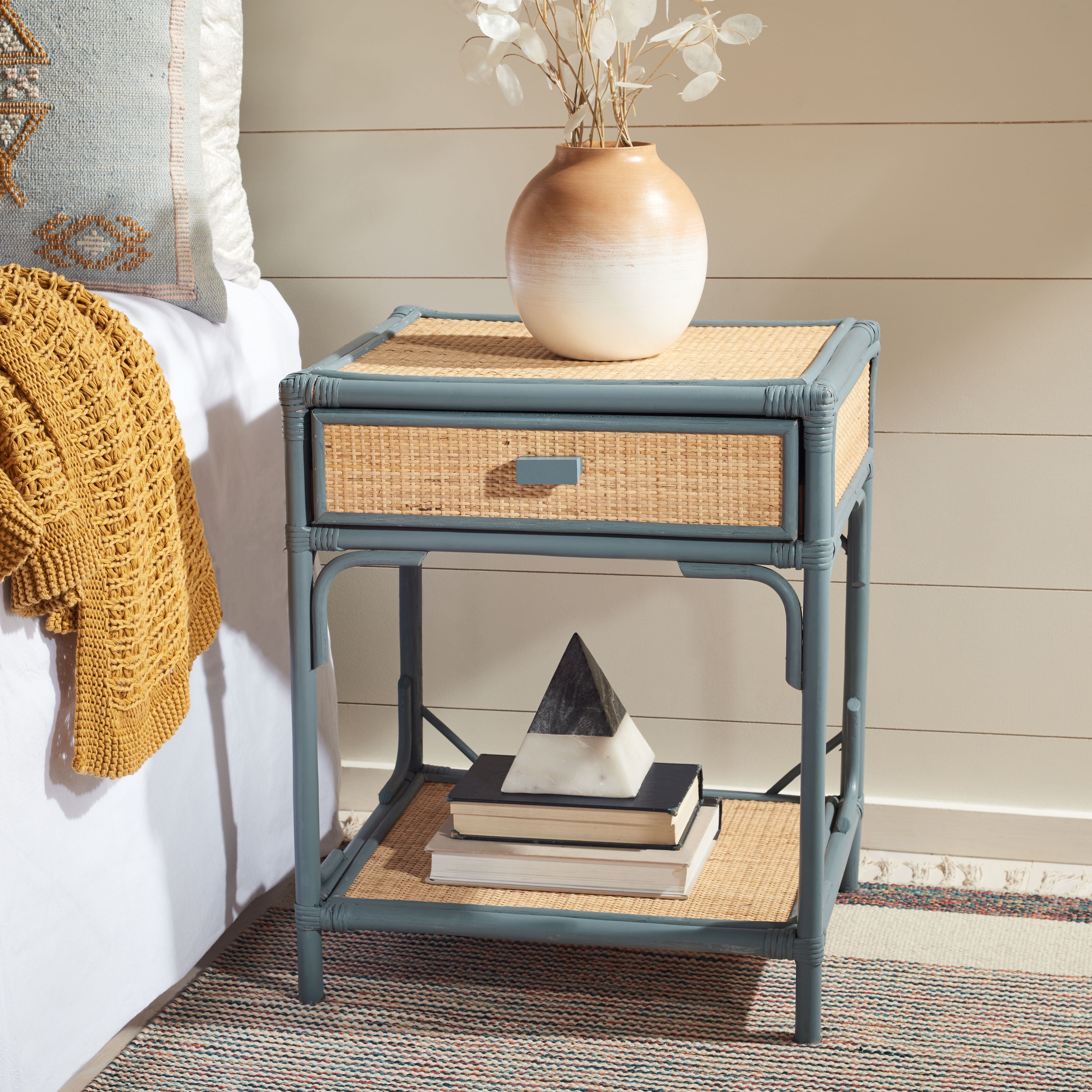 SAFAVIEH Roya Rustic 1 Drawer 1 Shelf Nightstand, Blue Grey/Natural