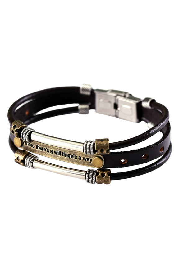 Men Bracelet Faux Leather Stainless Steel Buckle Retro 3-layered Letter Curved Hip-Hop Style Lightweight Motorcycle Chain Party Club Jewelry