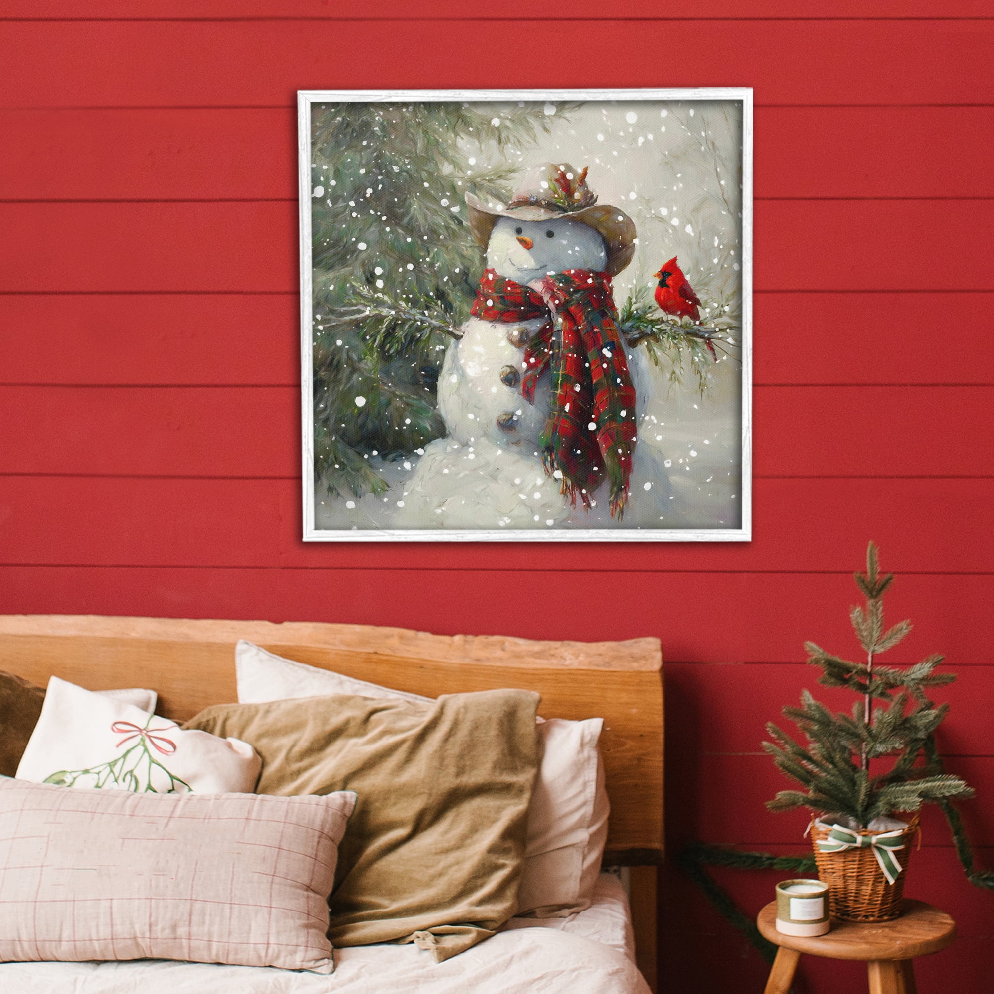 Stupell Industries Cowboy Snowman & Cardinal White Framed Giclee Art, design by Tina LeCour