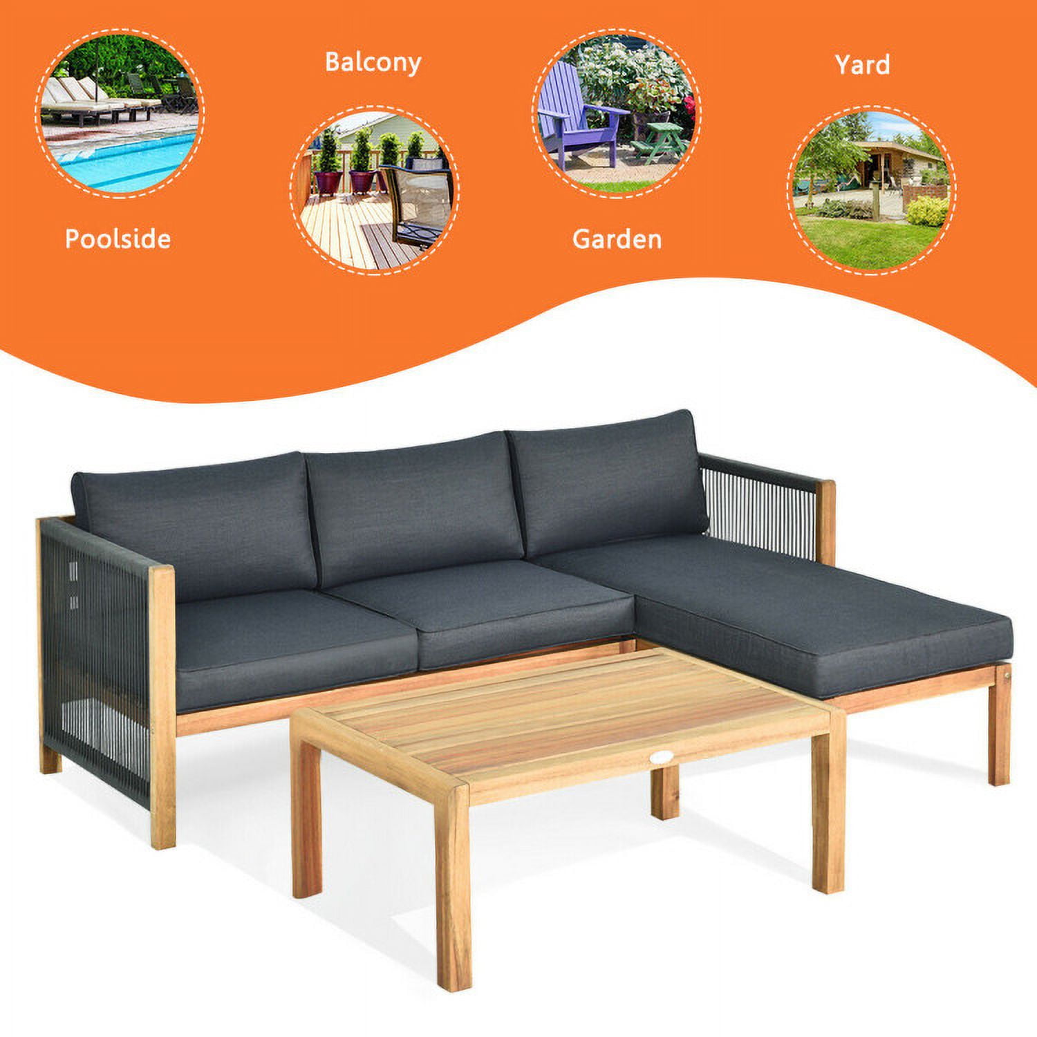 Aimee Lii 3 Piece Patio Acacia Sofa Set with Nylon Armrest, Outdoor Deck Furniture, Gray Aimee Lii 3 Piece Patio Acacia Sofa Set with Nylon Armrest, Outdoor Deck Furniture, Gray