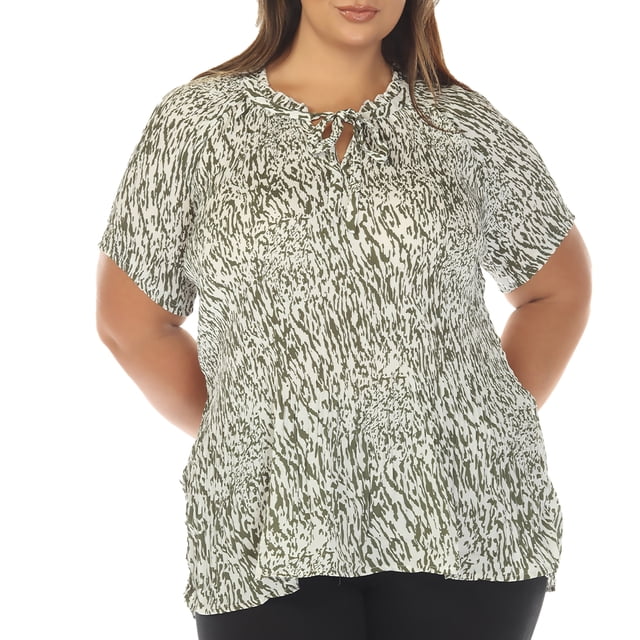 White Mark Blouse à Manches Courtes Imprimée à Col Noué, Grande Taille pour Femmes, 1X-3X