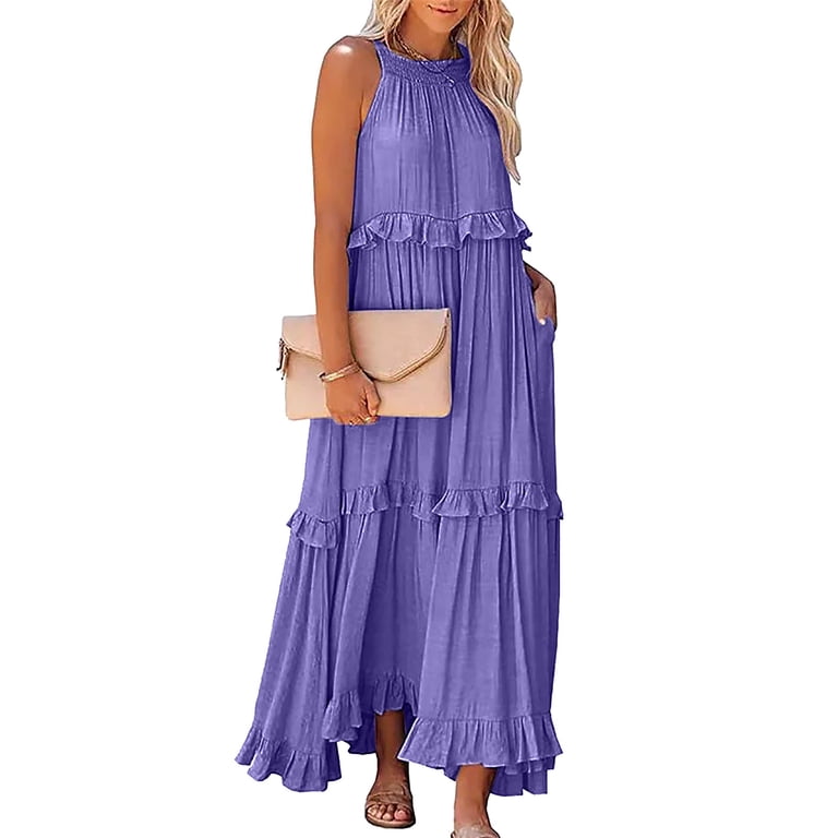 Outfmvch Womens Dresses Summer Sleeveless Long Solid Color Loose Halter Neck Ruffle Maxi Beach Casual Dress Purple L, Women's, Size: Large