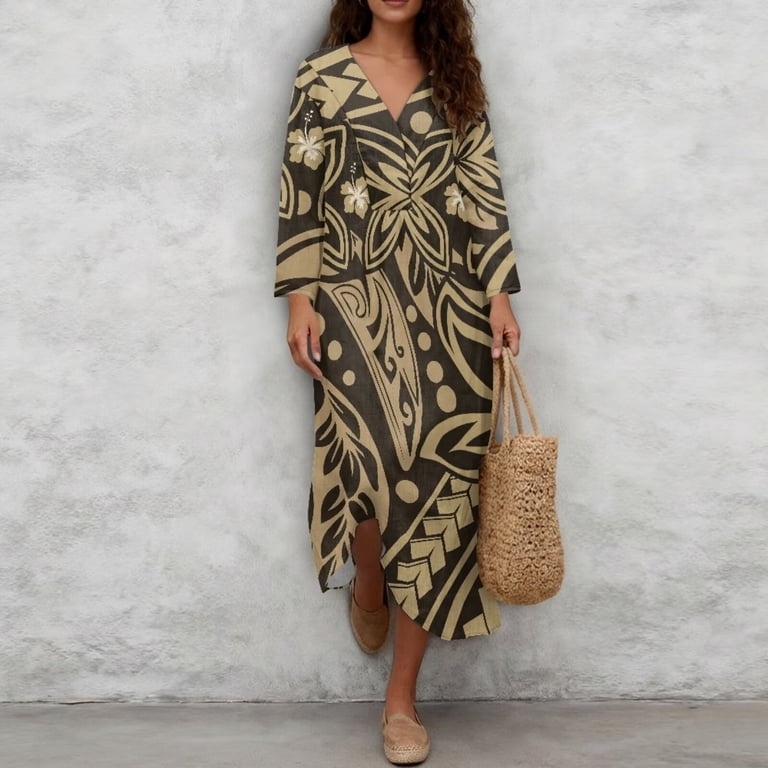 brown tribal dress Renewold Floral Print Tunic for Women Loose Swing Polynesia Floral Kaftan Dresses Women Plus Size Floral Midi Dresses for Travel Vacation Beach Caftan, 2XL prairie or western