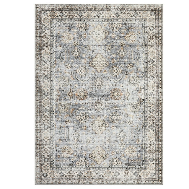 Washable Area Rug 9x12 Ft-Distressed Vintage Floral Carpet - Non Slip Low Pile Non Shedding Floor Rug for Living Room Bedroom Dining Room Office-Ultra Thin Soft Stain Resistant Easy Clean-Light blue