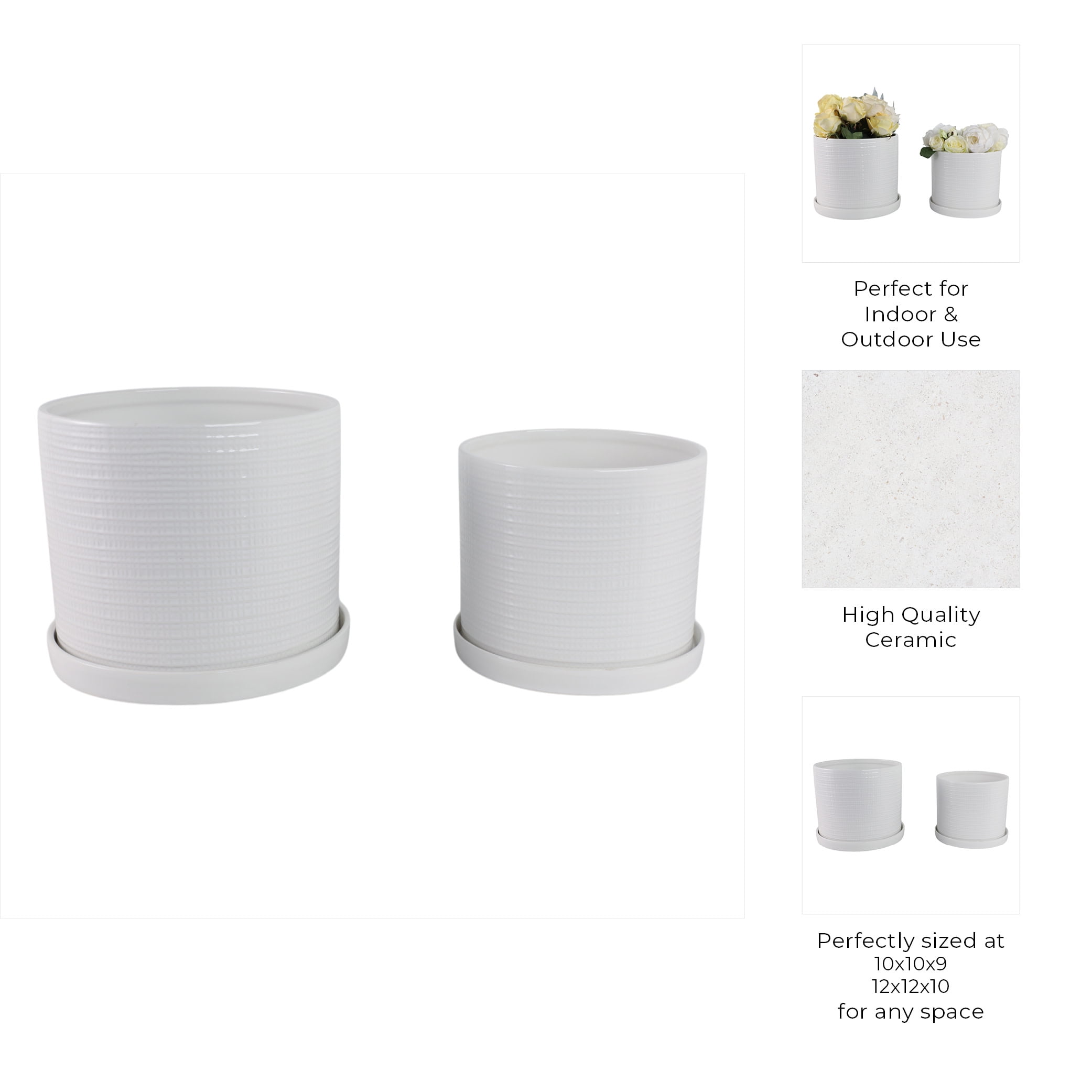 Ribbed Accent Garden Saucer Planters for Home Decor - Ceramic Indoor and Outdoor Flower Pots with Textured Design - Garden Display with Drainage for Home and Patio Styling - Set of 2, 10", 9", White