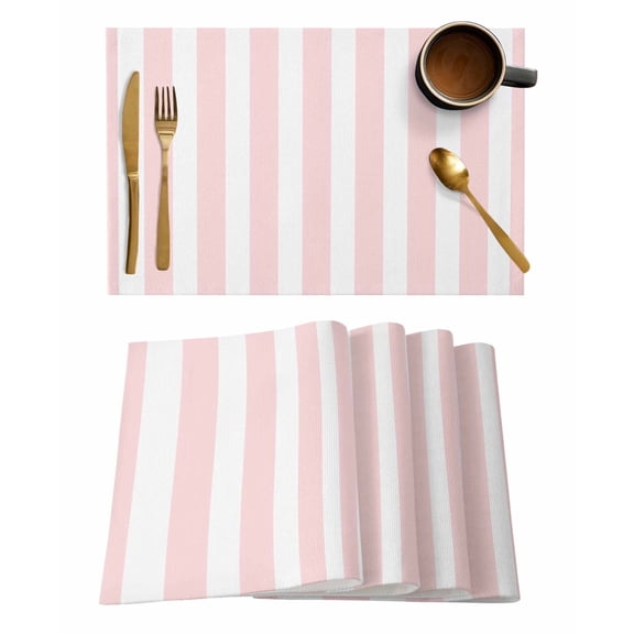 Pink Striped Placemats Set of 4, Modern Farmhouse Pink White Stripes Placemats for Dining Table, Place Mats for Kitchen Tabletop, Waterproof Wipeable Dining Table Mats Set