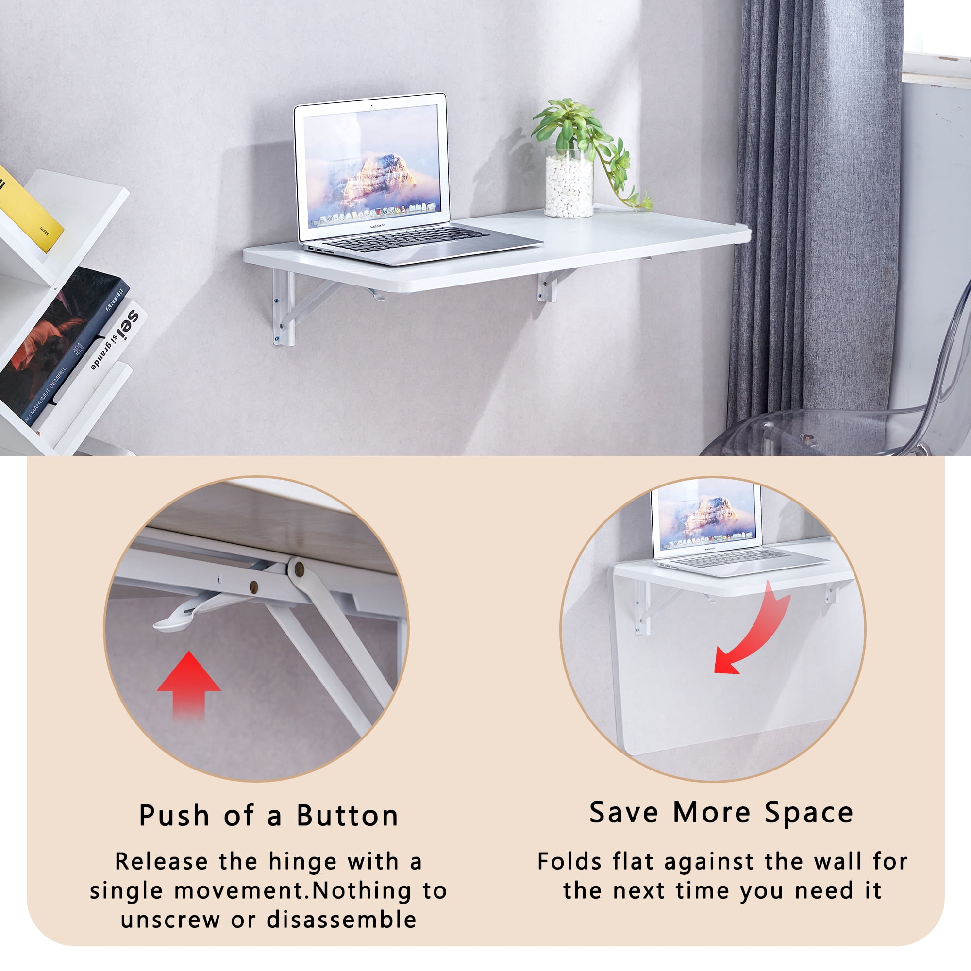 Wall Mounted Folding Table, Floating Desk for Laundry Room, Fold Down Table with Full-Folding Hinge for Small Space Kitchen Bathroom Easy Install, White