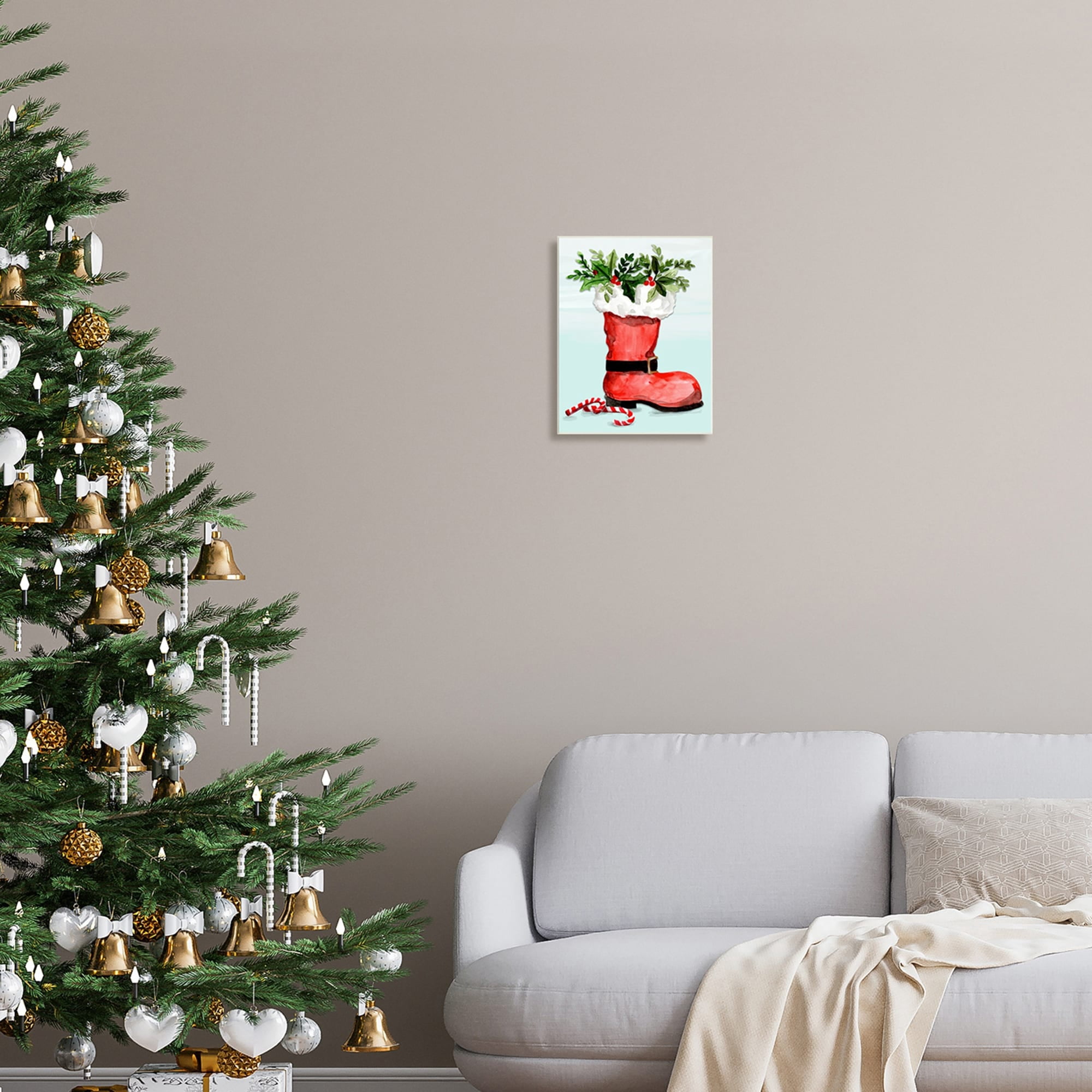 Red Santa Boot Holly Botanical Bouquet Candy Canes Botanical & Floral Painting Unframed Art Print Wall Art