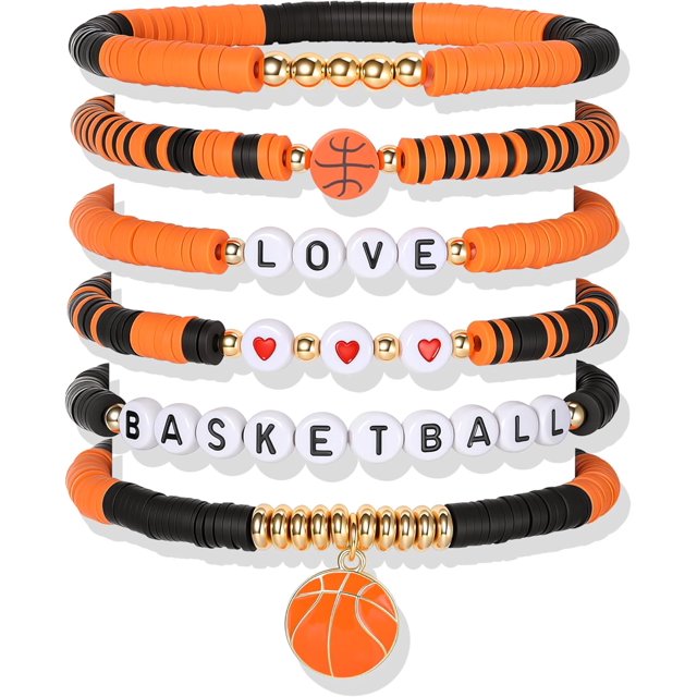 YanonmyfdWorld Soccer Game-day Cup Bracelet Stack Set 7pcs Softball/Baseball/Basketball/Soccer/Volleyball/Tennis/Football Stretch Sports Fans Jewelry Sports Beaded Bracelets with Charms,Q-Basketball