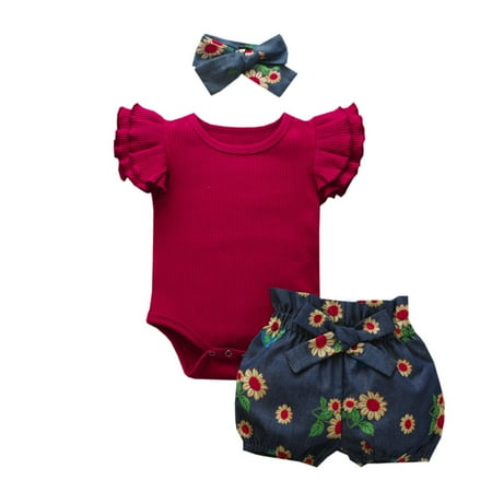 

QWERTYU Newborn Infant Baby Toddler Girl Boy Summer Bodysuit and Floral Shorts Set Clothing Set Ruffle Short Sleeve Outfit with Headband Deep Red