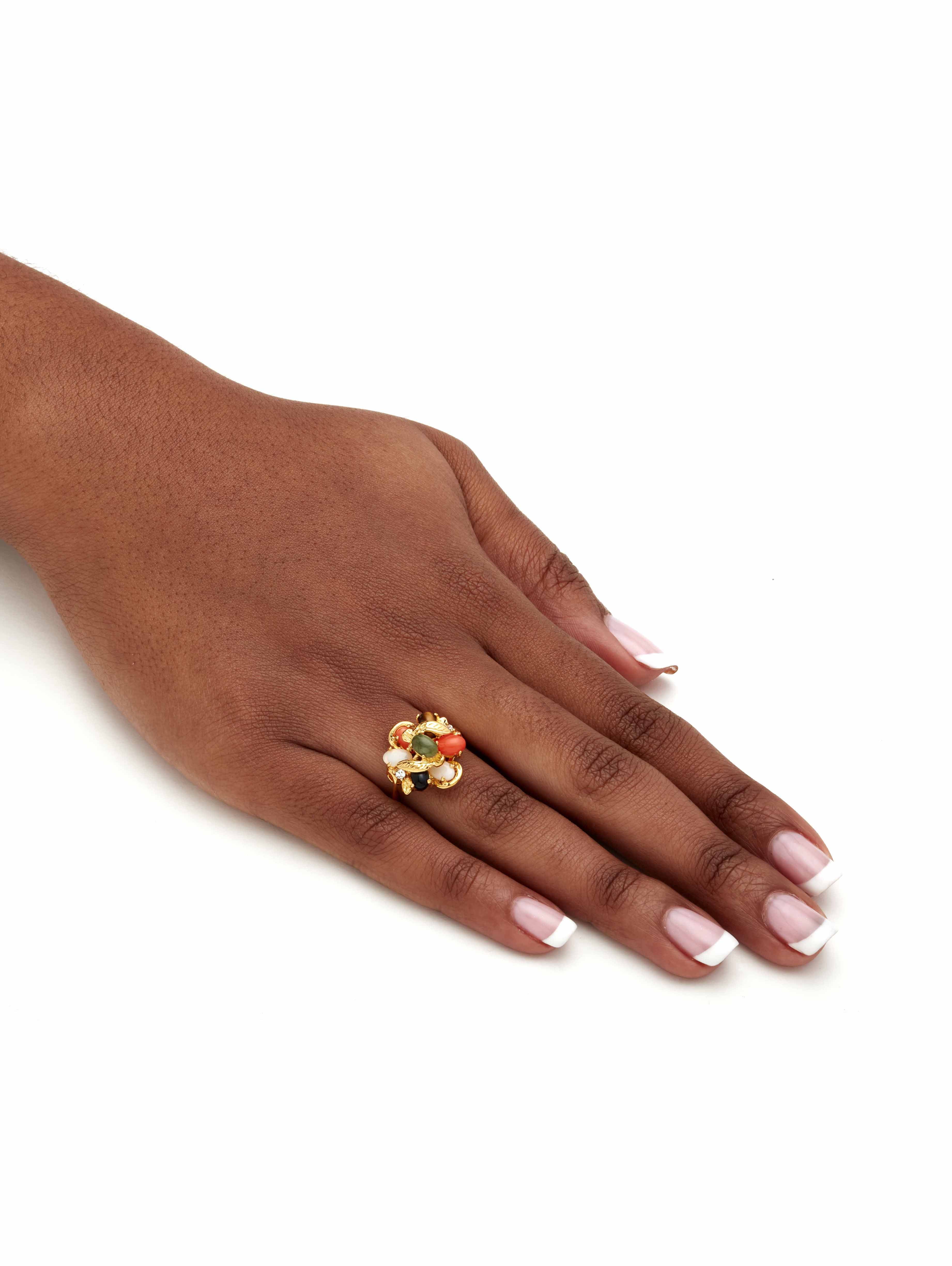 PalmBeach Jewelry Oval Genuine Coral, Opal, Jade, Onyx and Tiger's-Eye Cluster 18k Gold-Plated Ring