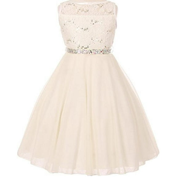 Big Girls' Sparkling Sequin Lace Double Chiffon Flowers Girls Dresses Ivory 10 (C12CC12)