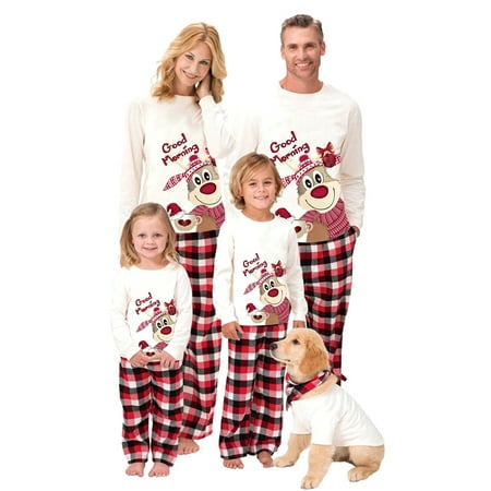 

Votuleazi Family Matching Christmas Pajamas Set Elk Print Tops and Plaid Pants Holiday Sleepwear Xmas PJS Set for Couples and Kid