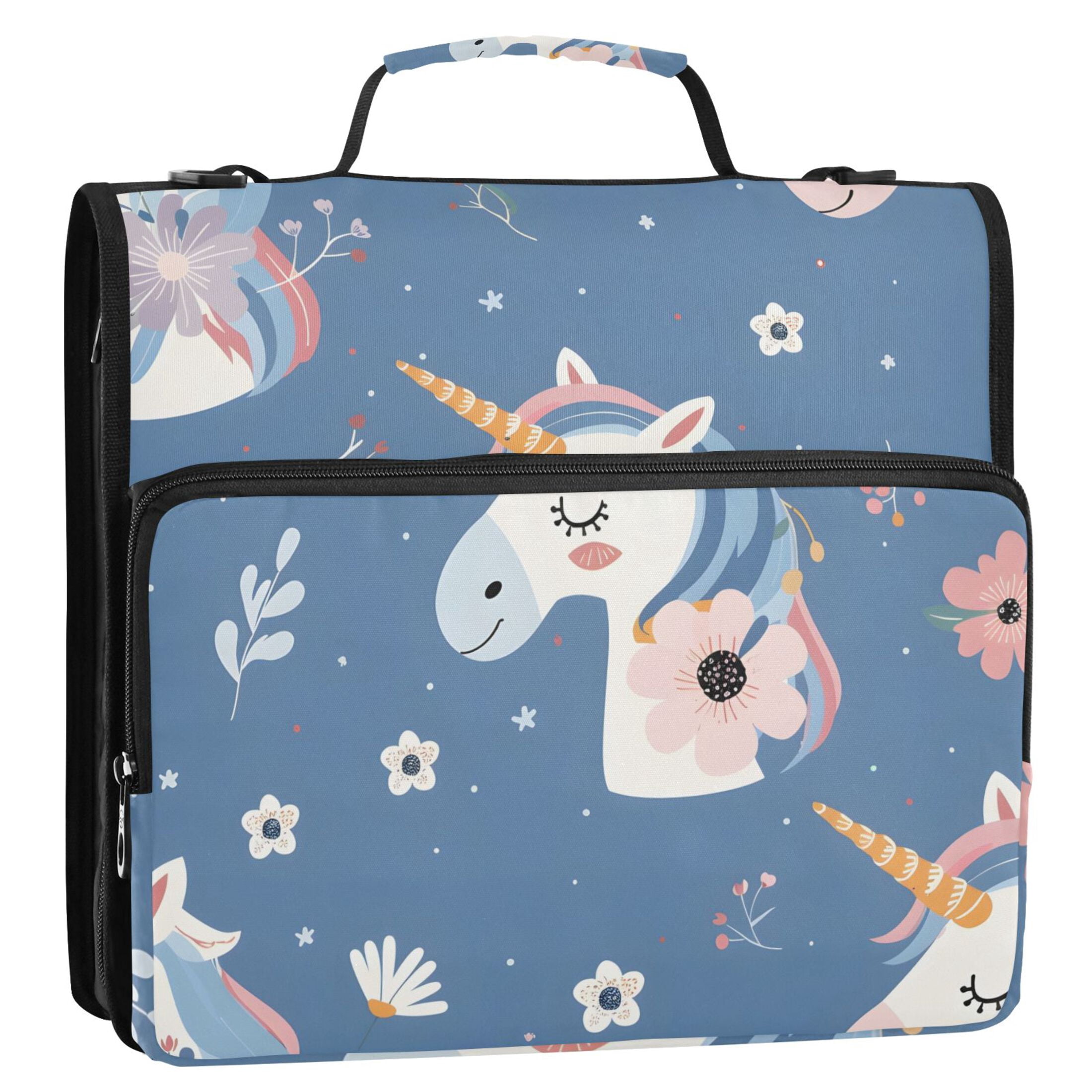 3 Ring Zipper Binder with Shoulder Strap Waterproof Trapper Keeper 2 Inch D-Ring 500 Sheets Capacity Cute Unicorn Head and Flowers