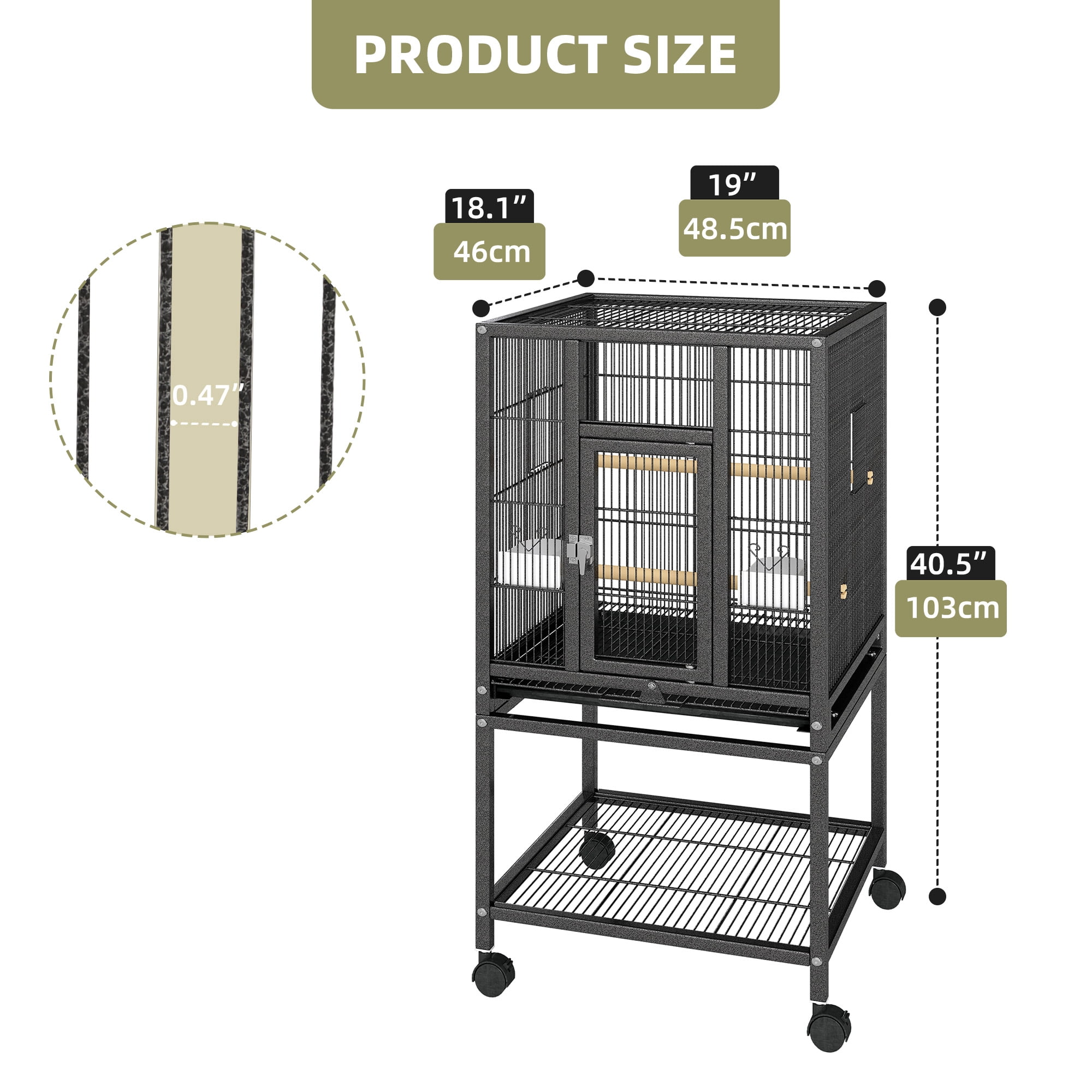 Uforic 41" Metal Bird cage  with Rolling Stand, Tray, 2 Perches and 2 Feeders, Black