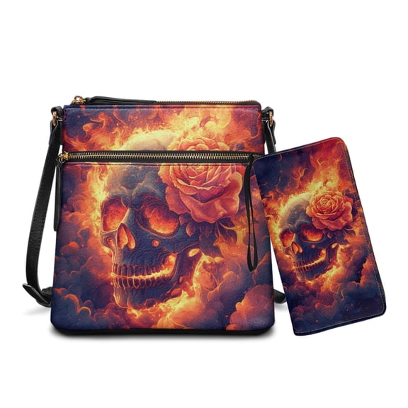 LedBack Fire Skull Rose Printed Crossbody Shoulder Bag with Wallet Womens Shoulder Purse with Wallet Set Multi Pocket Crossbody Purse Hobo Bag Satchel Handbag, Orange