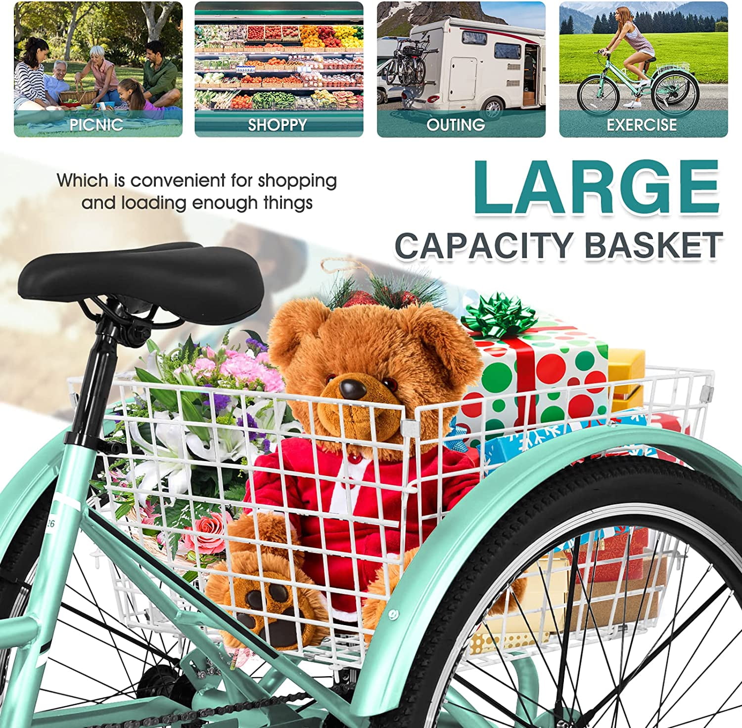 FICISOG 24" Adult Mountain Tricycle, 3 Wheeled 7-Speed Mountain Tricycle Cruiser Bike with Basket,Unisex