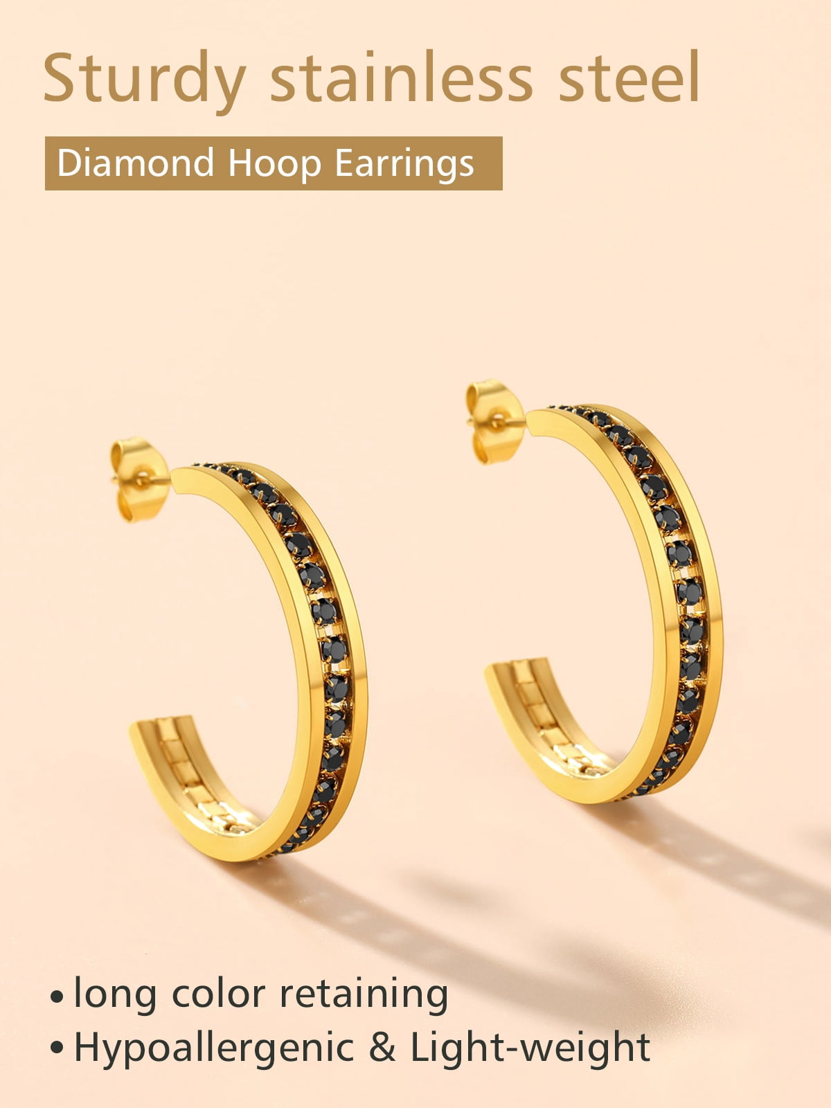 FindChic 14K Gold Plated Hoop Earrings for Women Stainless Steel Hoops with Black Cubic Zirconia Inlaid Birthday Mothers Day Jewelry Gifts Her Mom Wife, 30mm