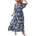 thumbnail image 4 of Summer Women Beach Long Dress Floral Printing Three Quarter Sleeve V-neck Belted Split Skirt, 4 of 6