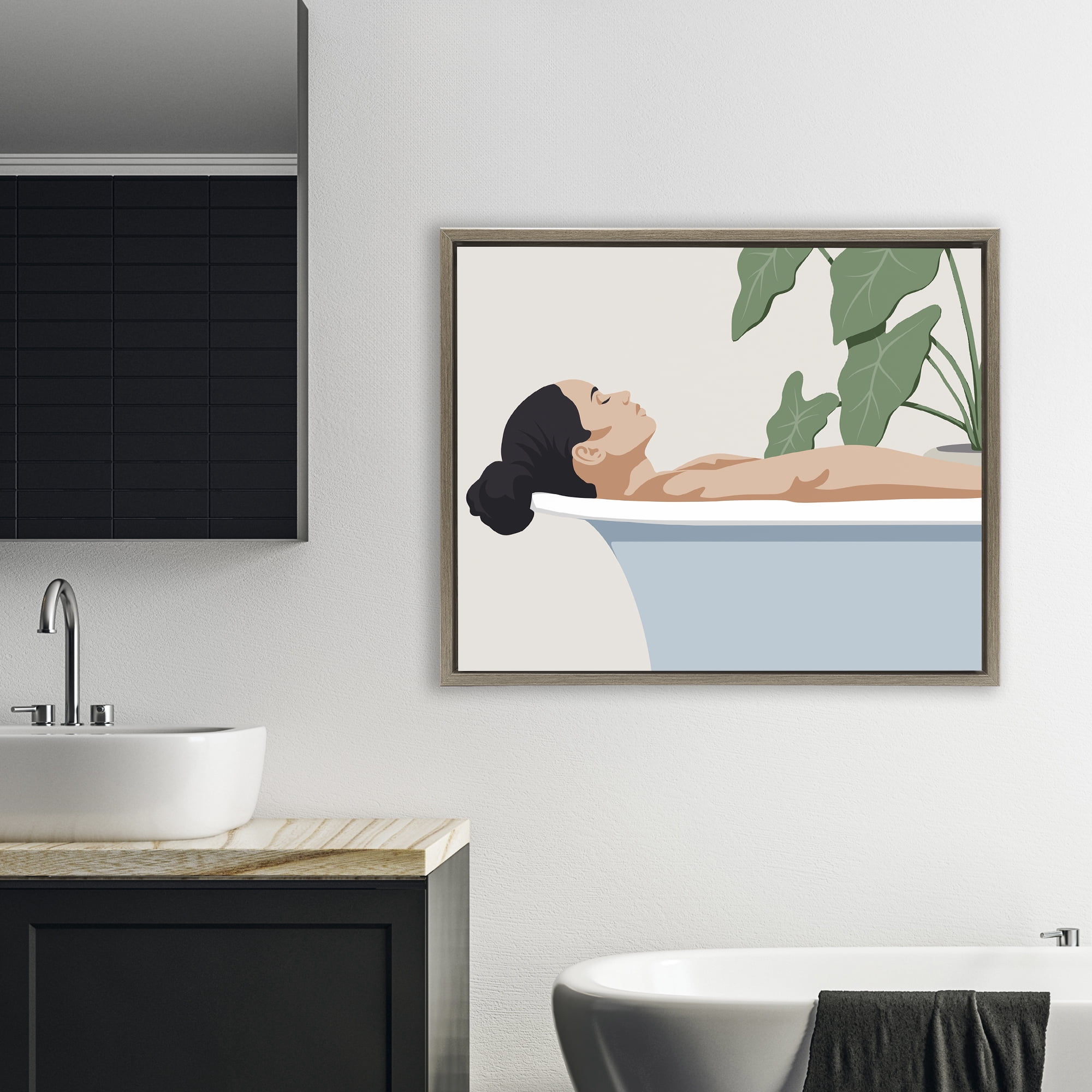 Stupell Industries Tub Relaxation Woman Brown Framed Floater Canvas Wall Art, design by Marcus Prime