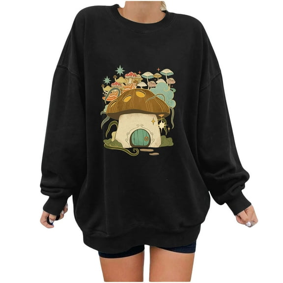 Dyegold Crewneck Sweatshirt Women Y2k Oversized Fleece Workout Hoodie Mushrooms Printed Casual Plus Size Tops Western Teen Girls Sweatshirt Comfy Cropped Jacket Ladies Graphic Pullover Shirts