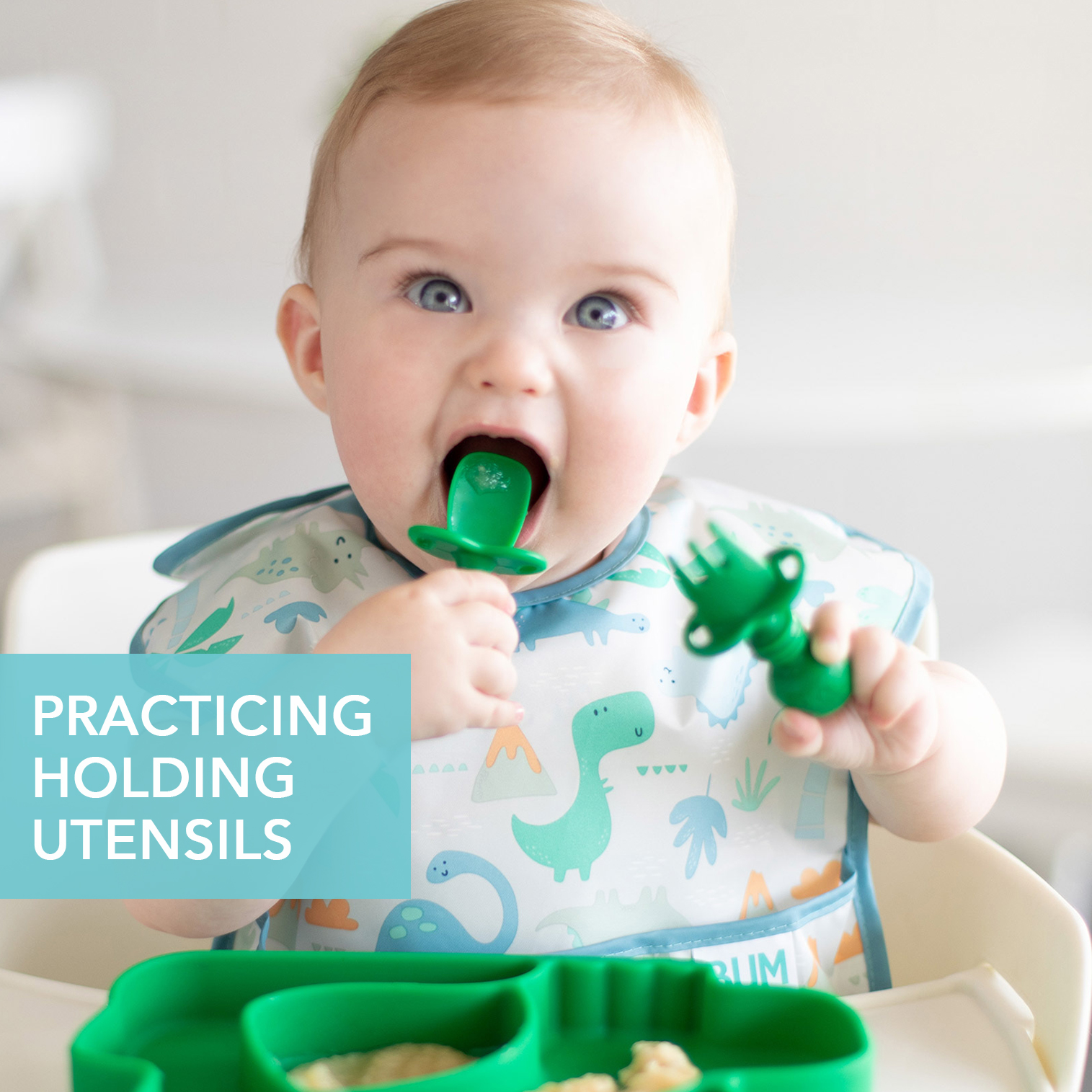 Bumkins Baby Feeding Chewtensils, Training Fork and Spoon Set, Utensils Ages 6 Mos+ (Jade)