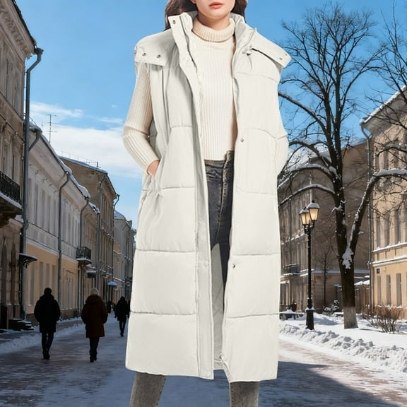 Miluxas Womens Long Puffer Vest Hooded Sleeveless Winter Solid Coats Quilted Warm Zip up Padded Outerwear White XL(XL)
