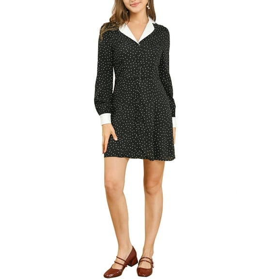 INSPIRE CHIC Women's Polka Dots Ruffled Puff Sleeve Notched Collar Shirt Dress Black M