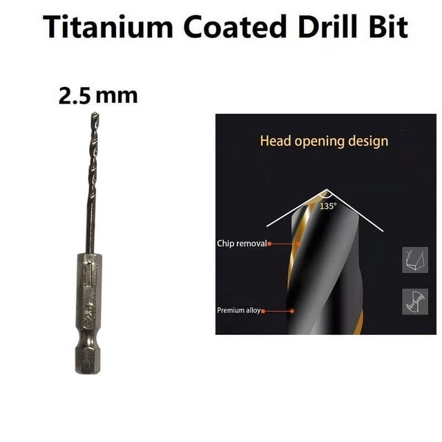 1 Pcs HSS High Speed Steel Titanium Coated Drill Bit Set 1/4 Hex Shank 2.5mm