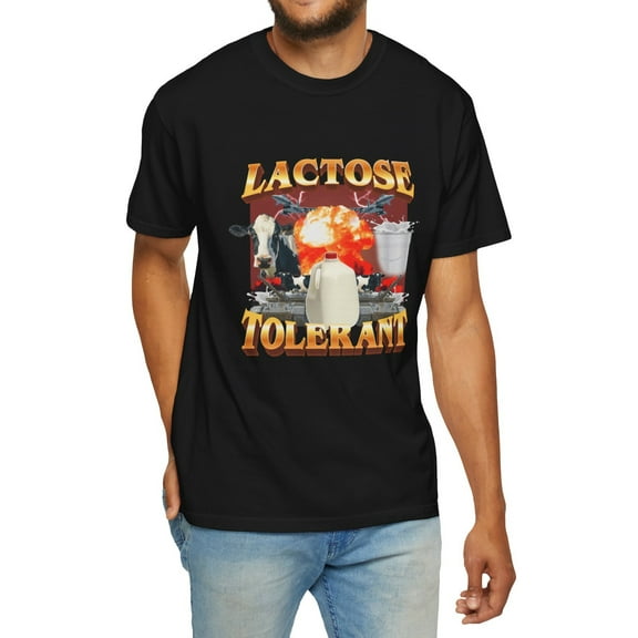 Lactose Tolerant Graphic T-Shirt for Men - 100% Cotton Knit Fabric, Casual Novelty Crew Neck Top with Slight Stretch for Sports and Weekend Wear - Fits Spring/Summer/Fall