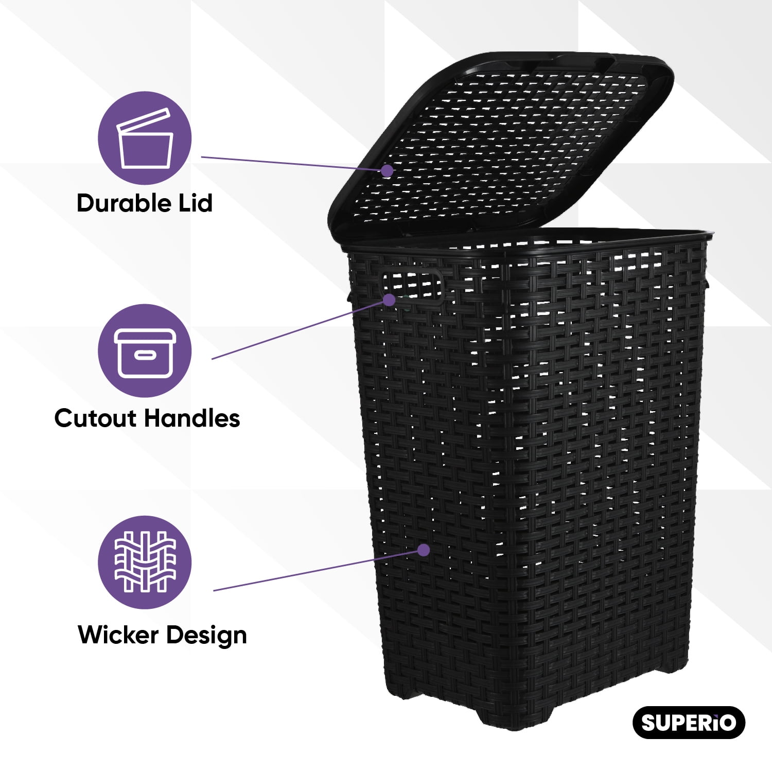 Superio Laundry Hamper with Lid Black, 60 Liter Large Wicker Hamper Basket, Dirty Cloths Storage with Cutout Handles, for Landry Room, Bedroom, and Bathroom