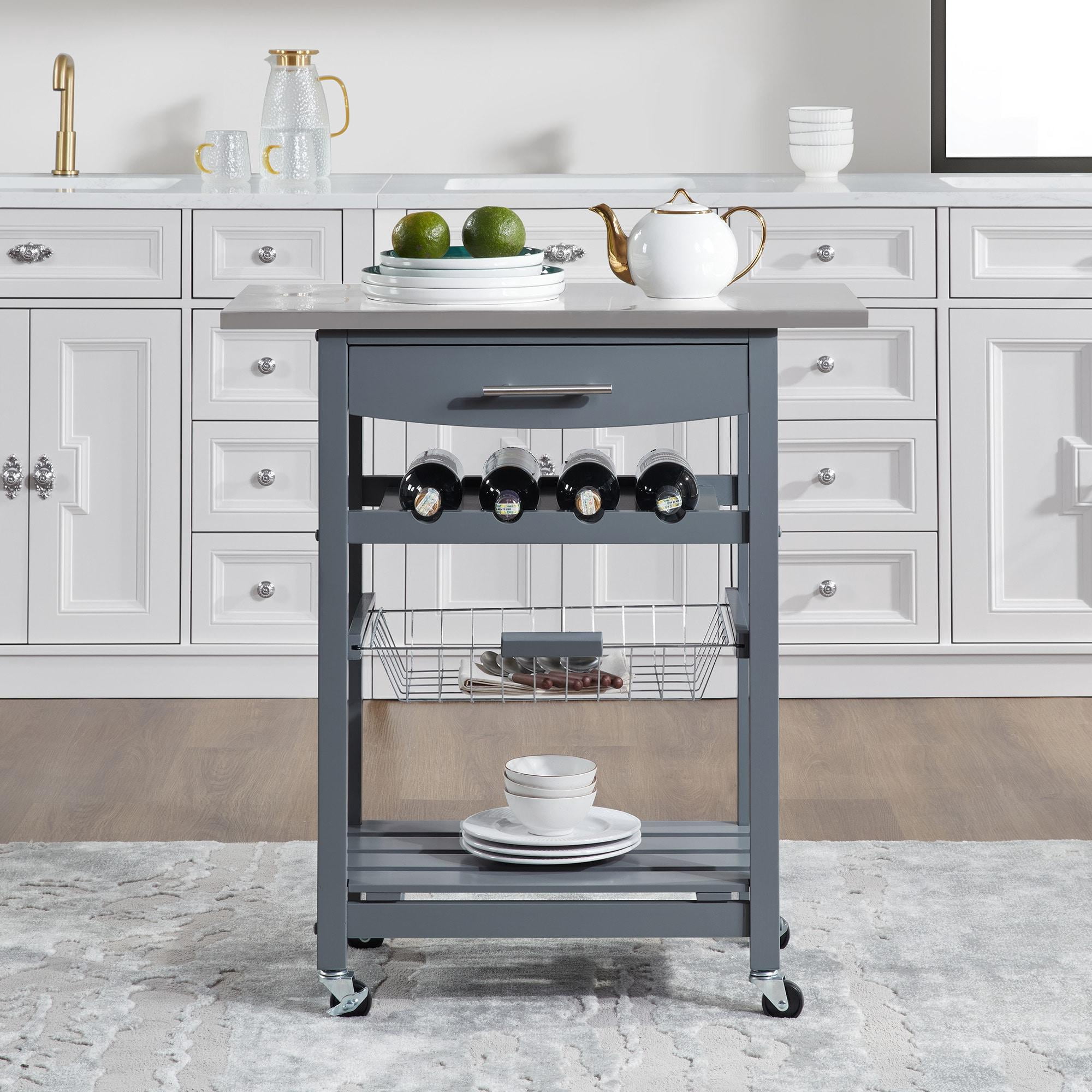 Rolling Kitchen Island Serving Cart with Underneath Drawer & Slide-Out Wire Storage Basket