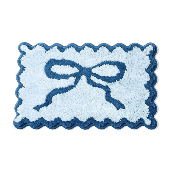 SLYNSHome Bow Bath Mat, 40x60 cm Scalloped Edge Floor Rug,Blue Soft Absorbent Microfiber Non Slip Carpet for Bathroom Bedroom Home Decor