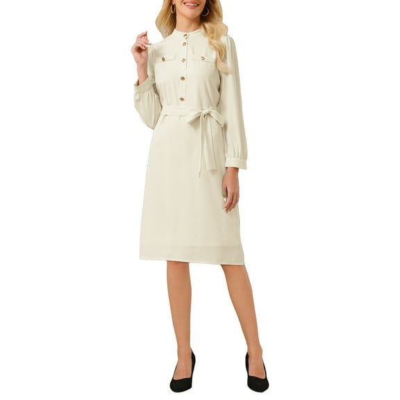 INSPIRE CHIC Women's Button Up A-Line Dress Puff Long Sleeve Tie Waist Business Casual Knee Length Dresses S Beige